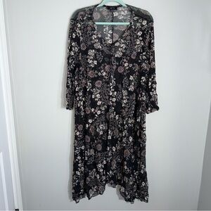 Comfy USA Midi Dress-Semi Sheer Mesh-Black Floral-Lagenlook-Size 2X